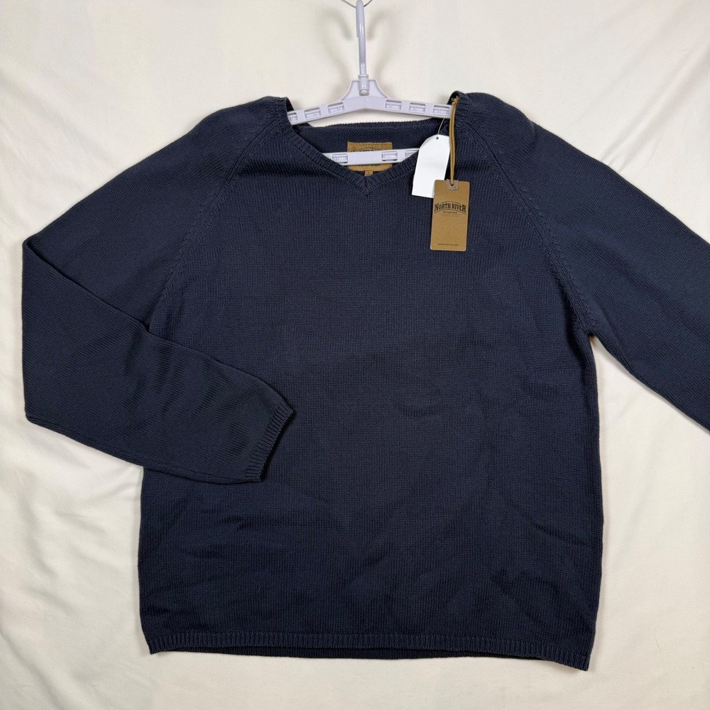 North River Mens Indigo Blue V-Neck Cotton Sweater NRM9009 Large NWT